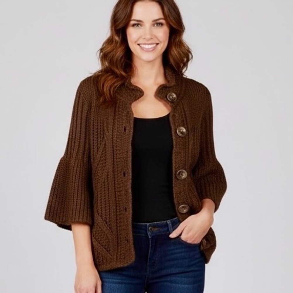 Y2K Design History Cardigan Sweater Women Medium Brown Cable Knit Short‎ Sleeves